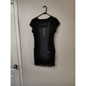 En Focus Petite Black Polka Dot Mesh Shift Dress Womens 14P Short Sleeve‎